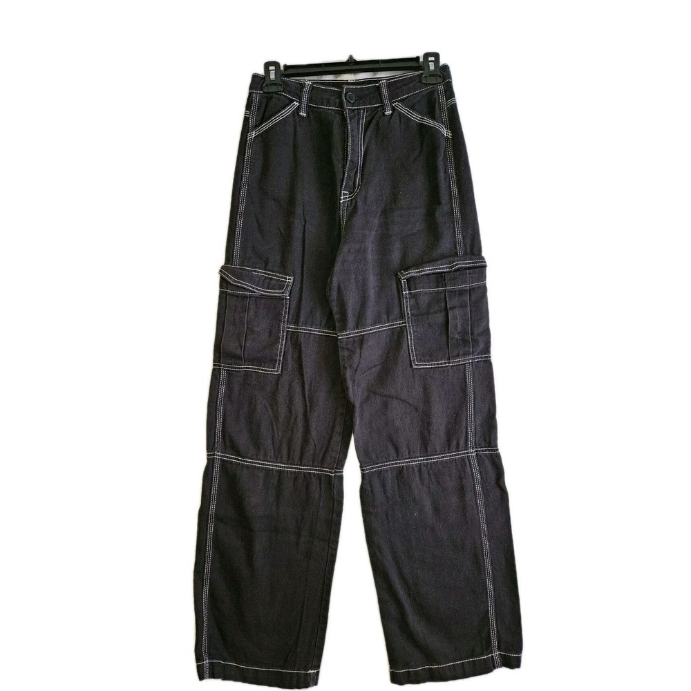 H&M Divided Cargo Pants Women 0 Black Contrast Stitch Wide Leg High Rise Utility